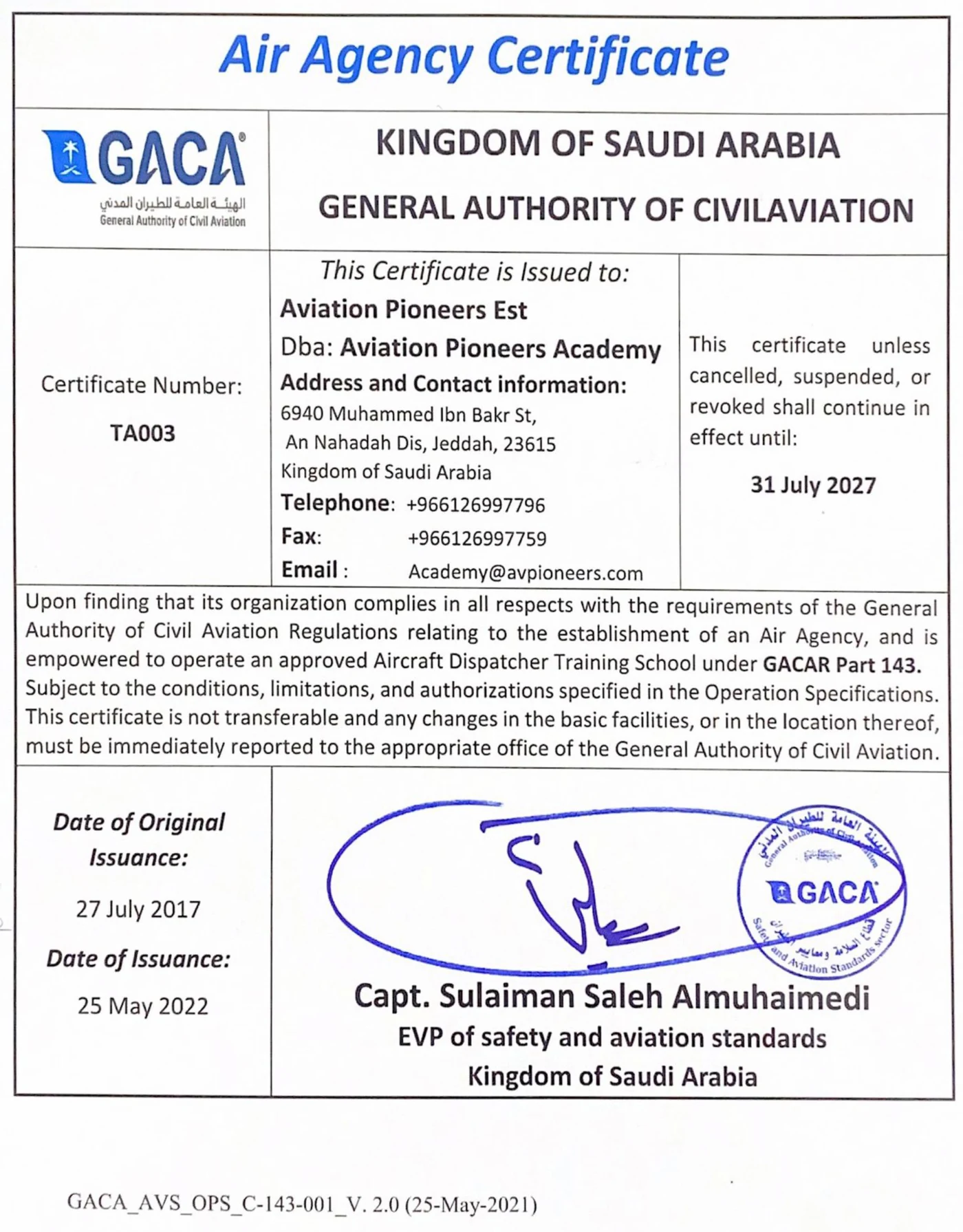 GACA Air Agency Certificate number TA003 issued to Aviation Pioneers Academy, valid until 31 July 2027