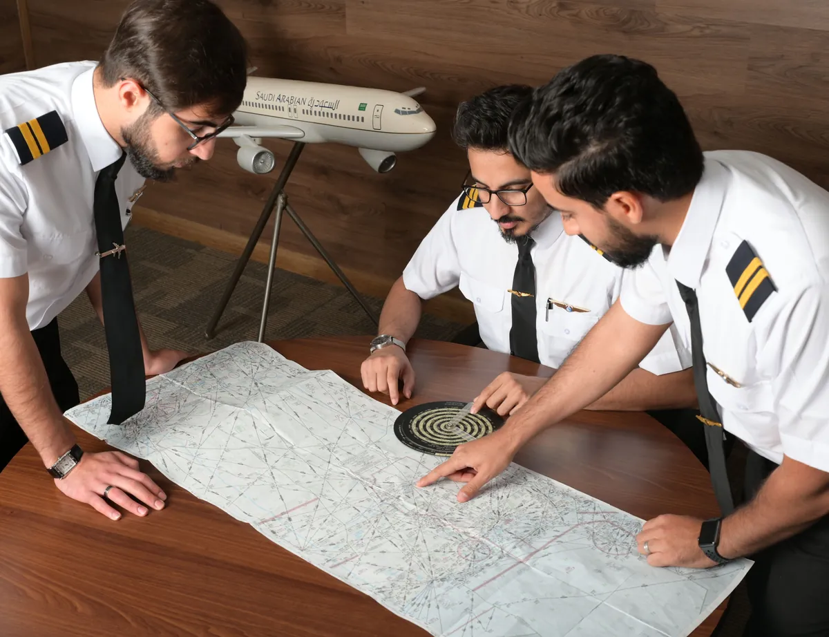 Dispatch trainees plotting a route on an en-route chart
