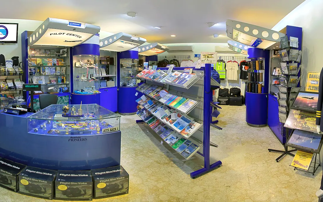 Inside the Aviation Pioneers pilot shop — headsets, charts, flight bags and uniforms